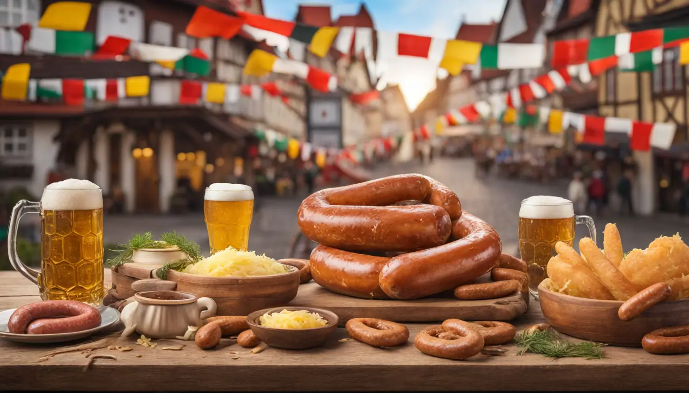 Mesa de madeira rústica com pratos típicos alemães como chucrute, salsichas e pretzels, e uma caneca de cerveja, em Blumenau.