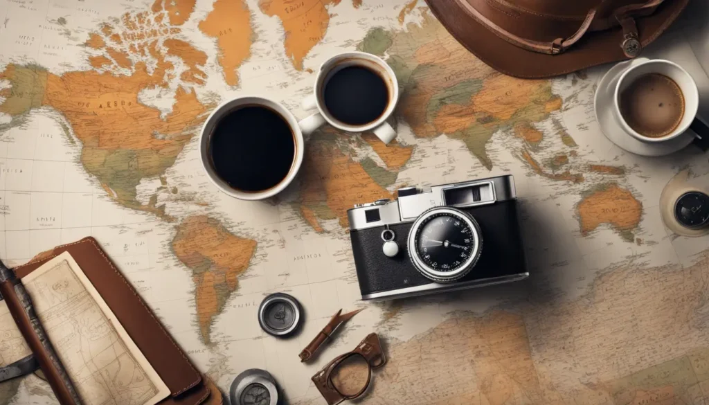 Mapa do mundo com bússola, câmera vintage, guias de viagem e bilhetes de avião sobre uma mesa, preparando uma viagem.