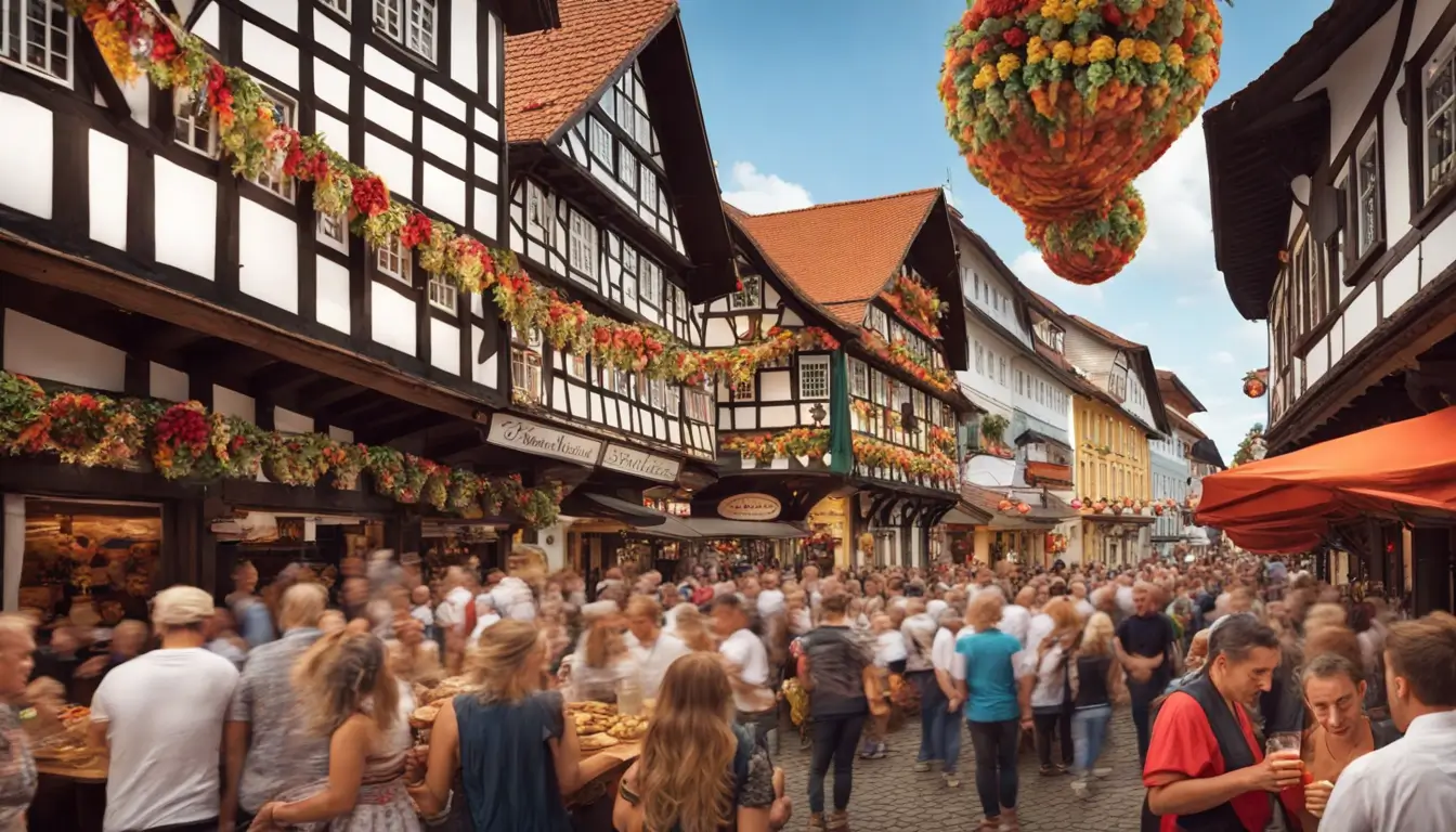 Cena animada de rua em Blumenau durante o Oktoberfest, com pessoas vestidas com trajes típicos alemães e arquitetura enxaimel colorida.