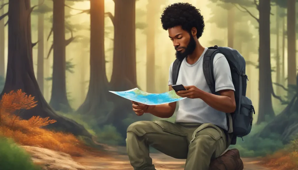 Como Planejar Viagens e Explorar Novos Destinos 1 Viajante examinando mapa digital em floresta exuberante, destacando preparação para segurança em território desconhecido.