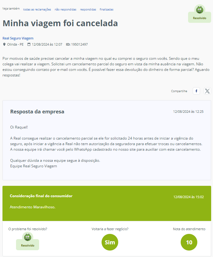 Tudo Sobre a Real Seguro Viagem: É Confiável? 1 Exemplo de Avaliação feita no Reclame Aqui sobre a Real Seguro Viagem.